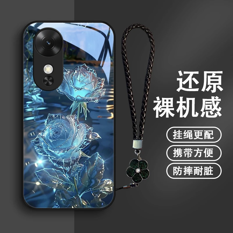 蓝夜玫瑰适用荣耀畅玩60手机壳华为畅享80挂绳玻璃5G保护套网红女