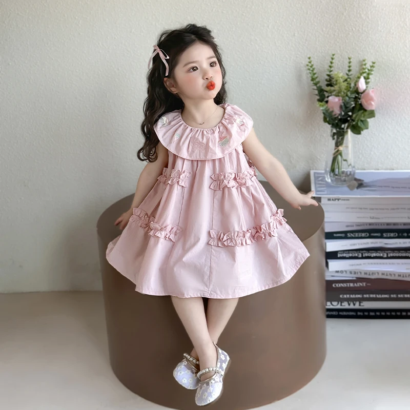 女宝宝夏季娃娃领连衣裙儿童小童可爱甜美女童公主纯棉无袖裙子