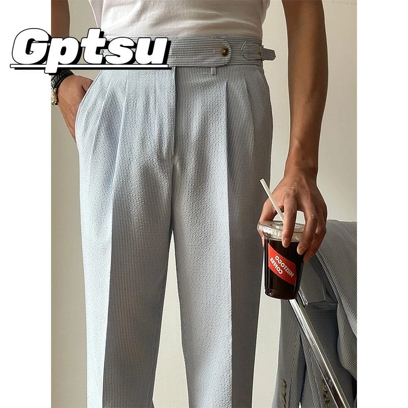 GPTSu意式男士夏季泡泡纱巴黎扣蓝条纹高腰西裤直筒英伦休闲裤男