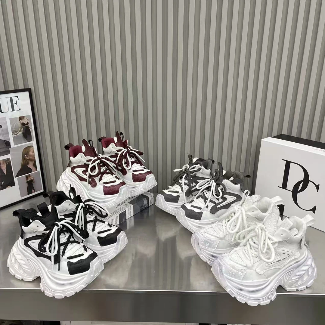 欧洲站2025年秋季新款增高拼色高帮女鞋厚底松糕休闲运动鞋老爹鞋