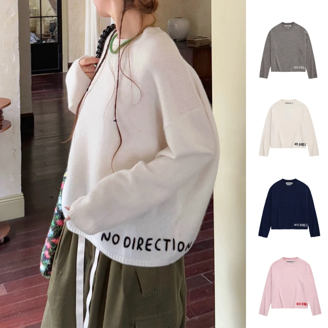 NO DIRECTION+ 羊绒手工刺绣薄款宽松型羊绒衫慵懒风———黑鸭子