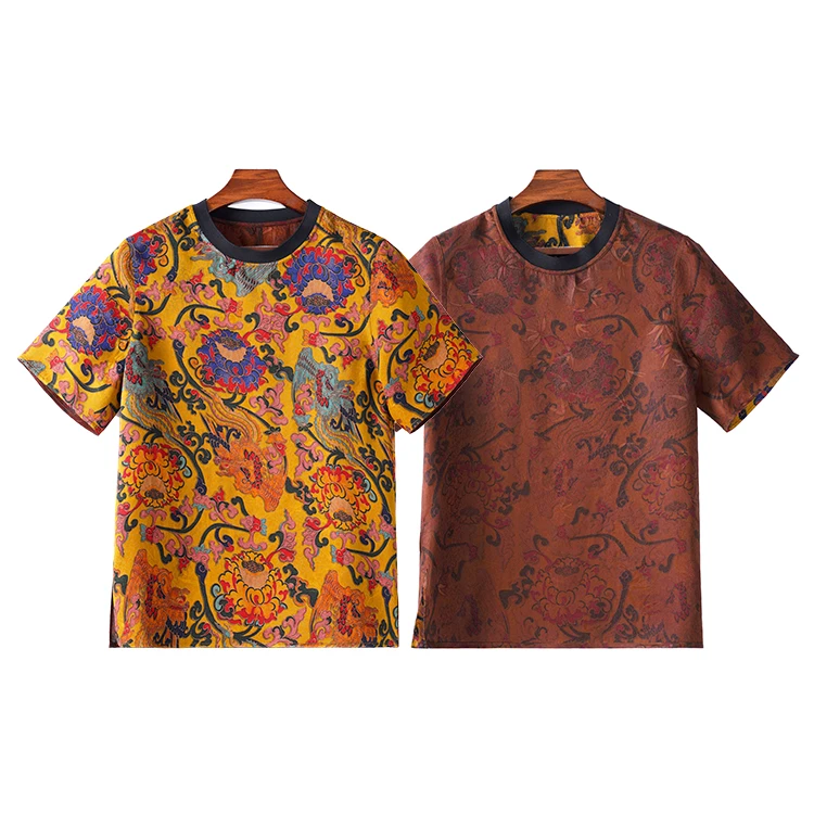 99469 男士圆领T恤 桑蚕丝绞罗红云纱新中式复古休闲上衣透气