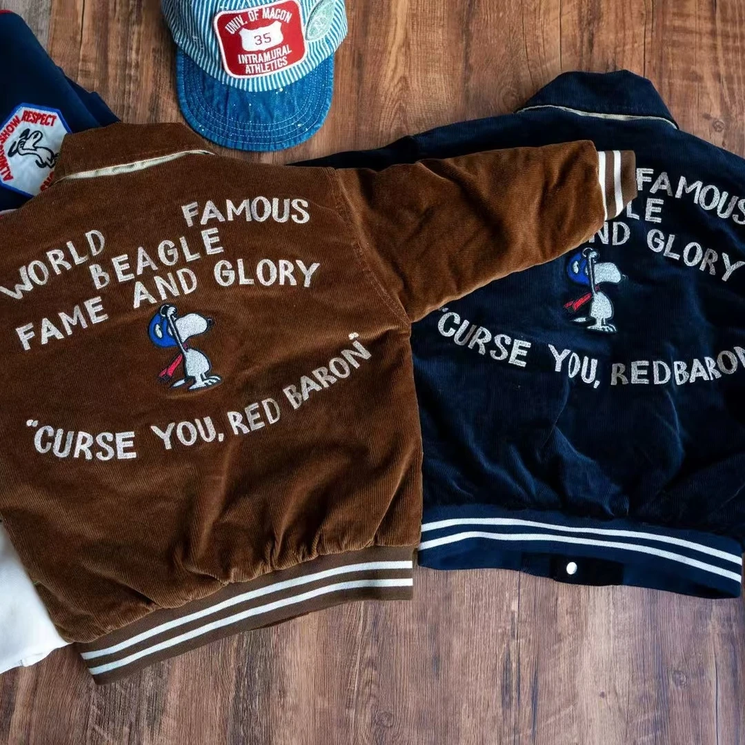 美拉德系 史努狗秋冬款重工绣花儿童夹棉加厚灯芯绒棒球服外套