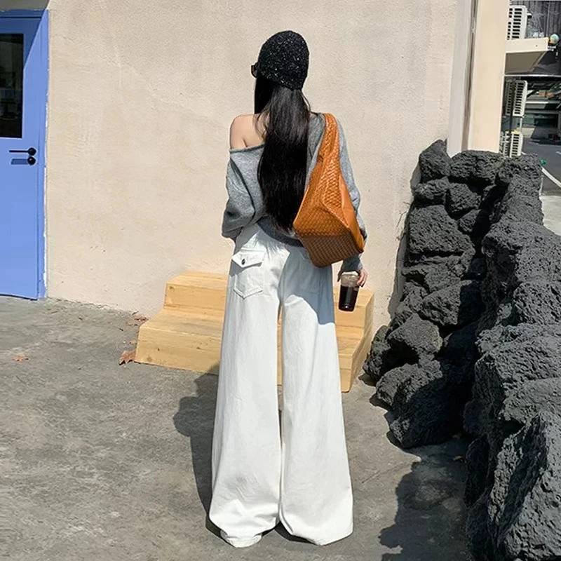 【晴晴自留】冬季百搭时尚休闲加绒白色翻盖牛仔A版大阔腿裤B3026
