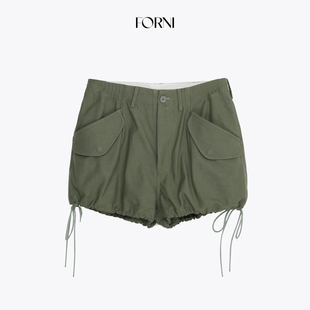 FORNI 兜兜工装 高密斜纹100全棉蓬蓬大裤脚花苞系带工装短裤