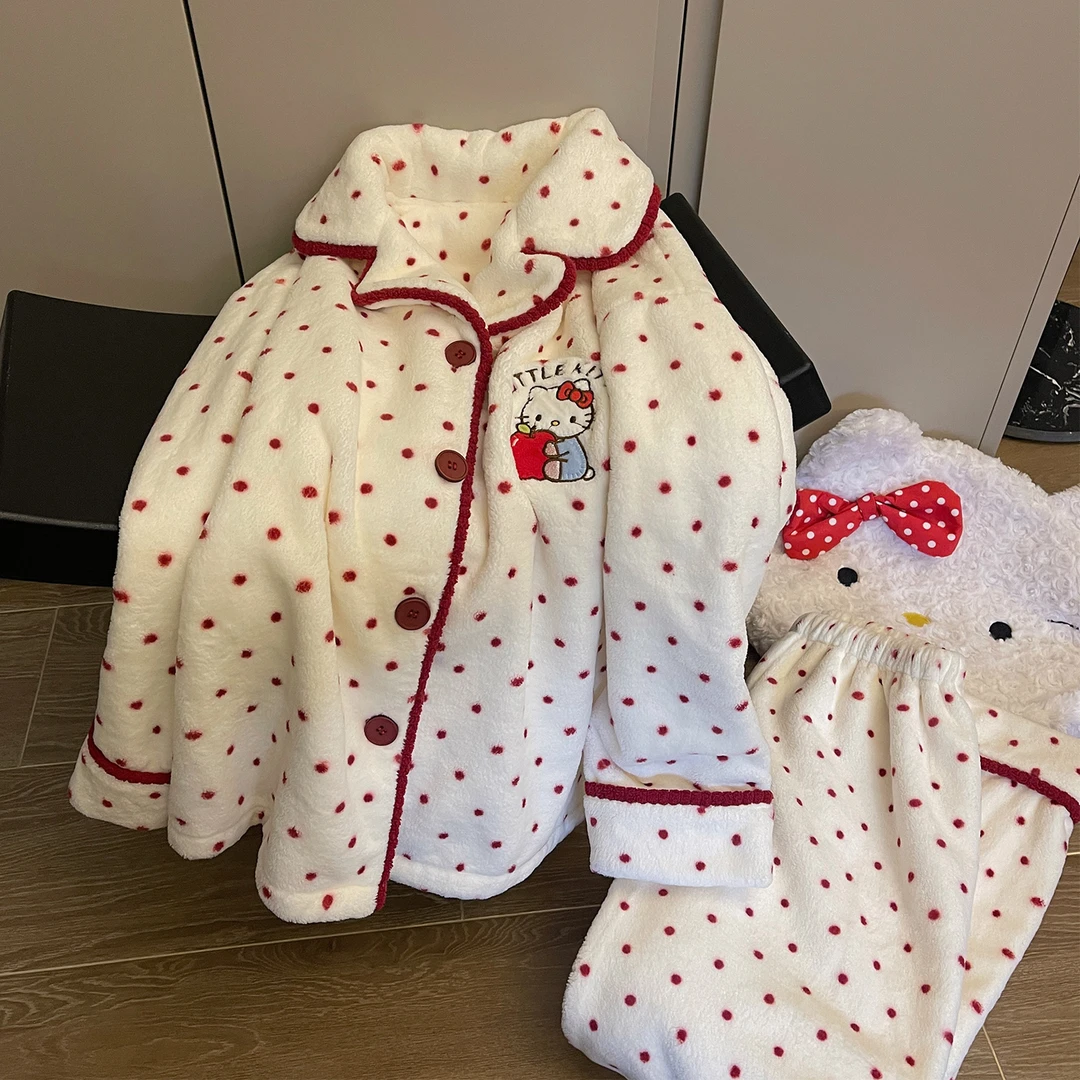 卡通珊瑚绒睡衣女款秋冬季加绒加厚长袖套装休闲舒适家居服可外穿