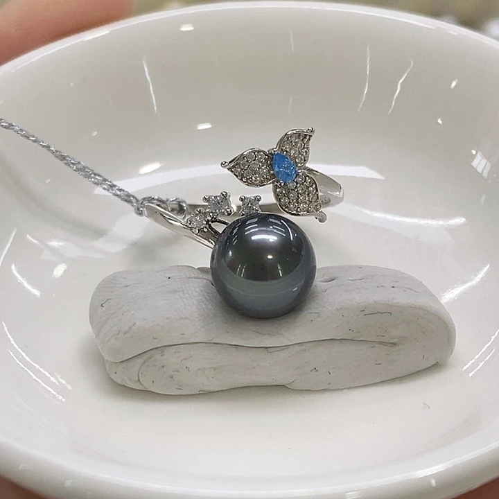 银S925镶嵌戒指海水珍珠大溪地9-10mm