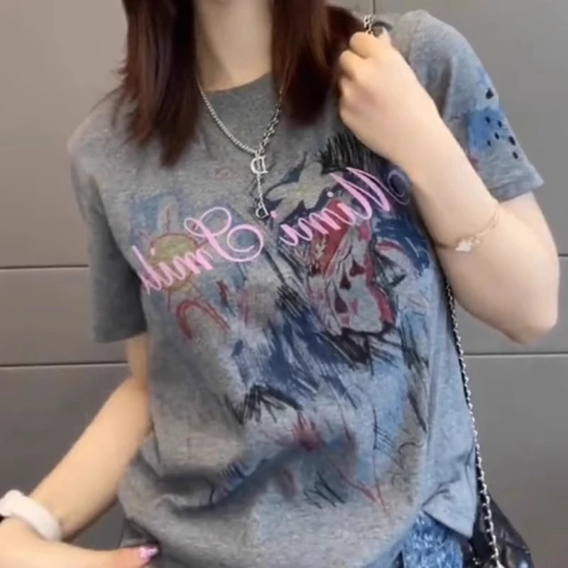 特大码胖mm正肩印花短袖T恤女夏季2025新款宽松显瘦遮肚藏肉上衣