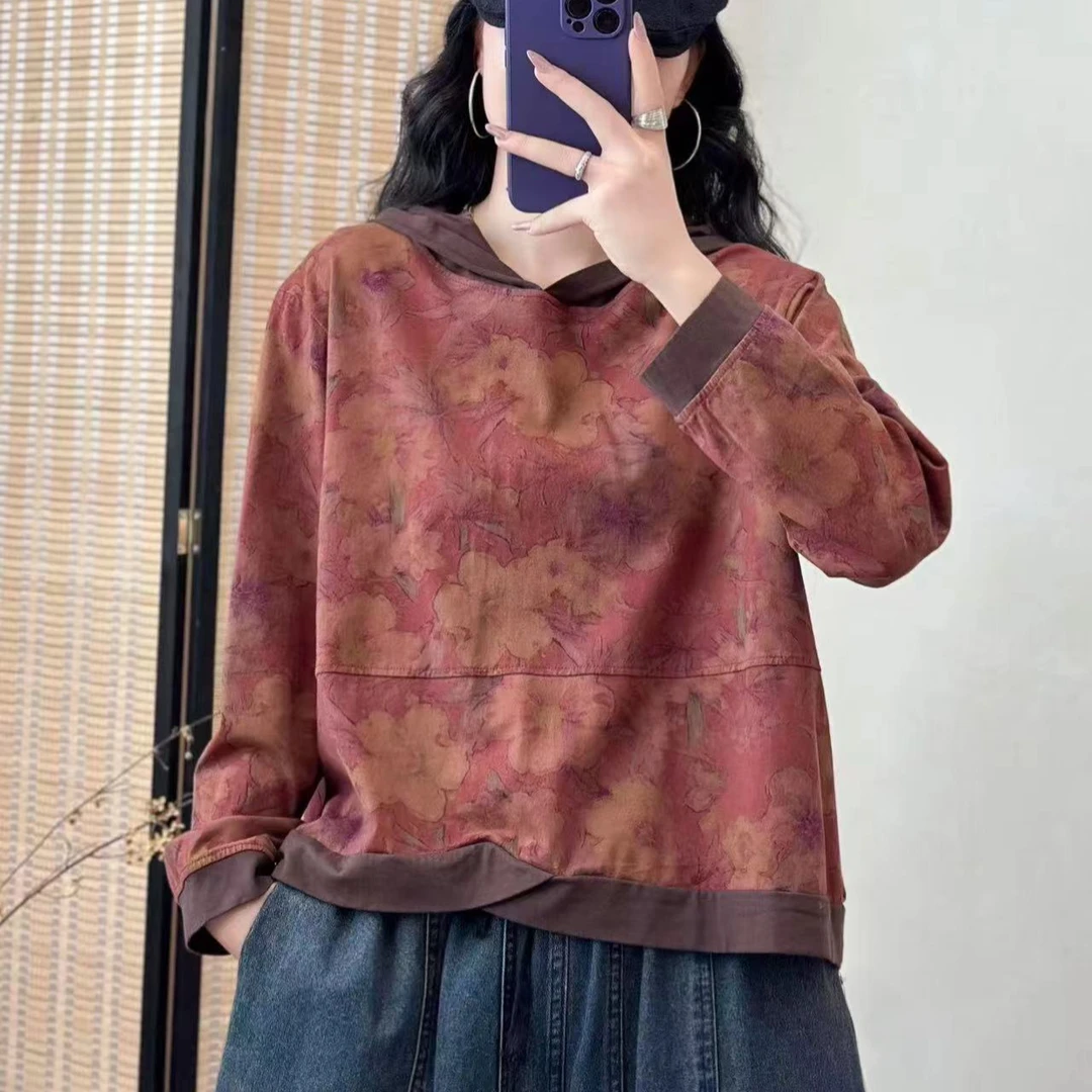 8642春季新款休闲减龄宽松碎花连帽T恤