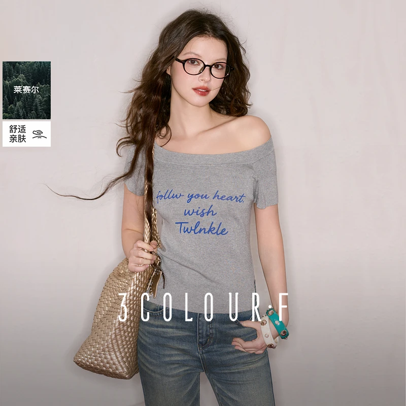 【莱赛尔】三彩独醒2025秋季新款字母针织衫短袖毛衫修身短款F