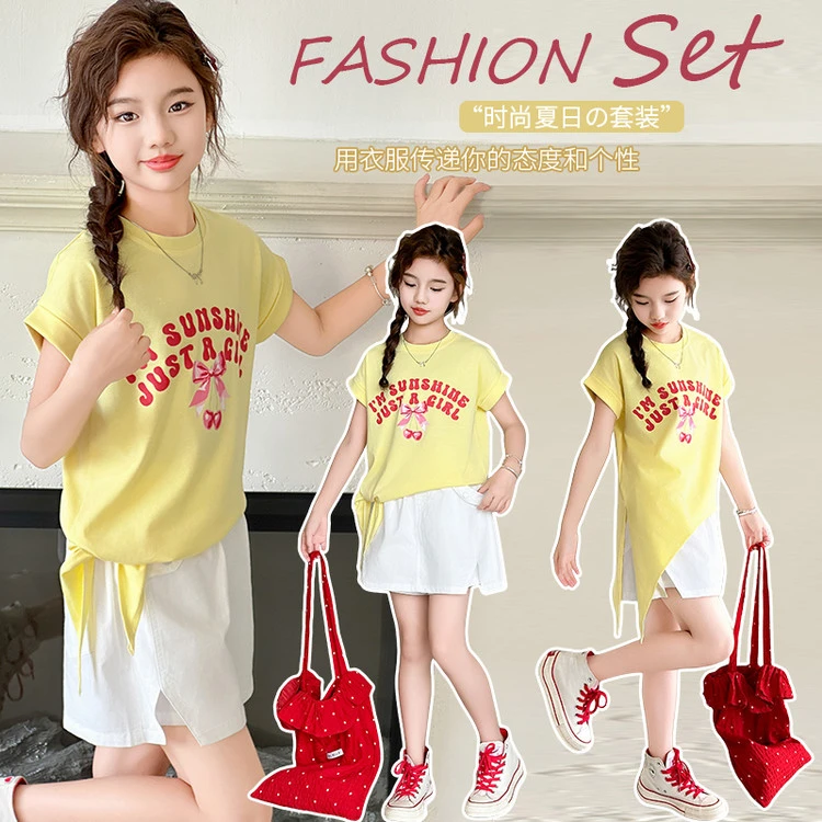 女童短袖T恤套装夏季2025新款潮儿童休闲夏装女孩裙裤两件套洋气