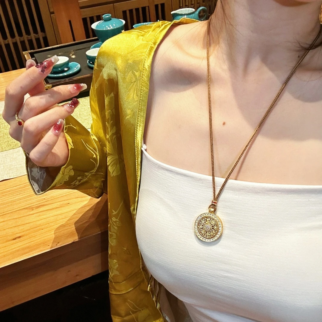 铜项链 国潮项链复古布艺八宝罗盘气质吊坠饰品新中式五福如意女