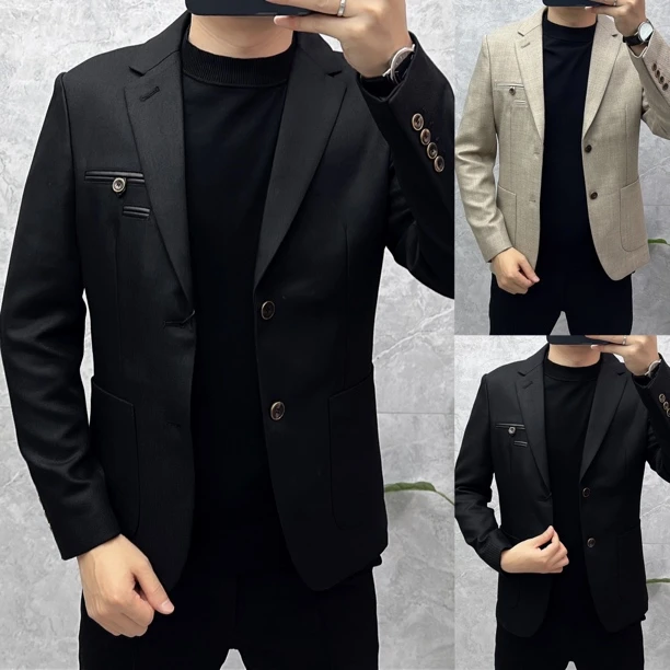 【高奢羊毛配皮单西服】春秋新款平驳领男士意式风休闲西服+46013