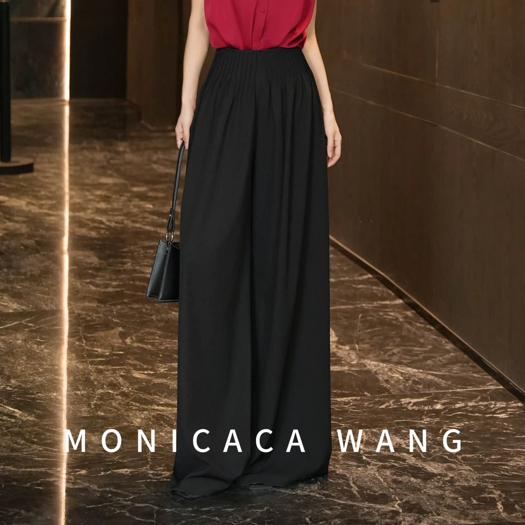 【莫妮卡卡】长105）新款时尚褶皱高腰阔腿裤纯色百搭裤子ZJK60021