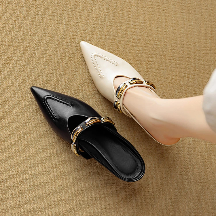 6.5cm/春夏新款优雅气质半拖鞋包头拖女百搭真皮凉拖里外全皮