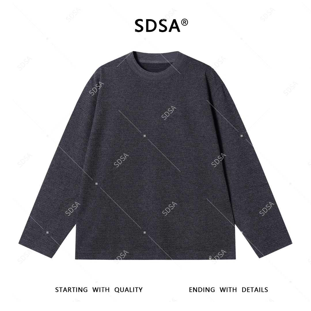 SDSA秋季新款男士痞帅韩版纯色肌理感圆领长袖T恤时尚百搭上衣潮