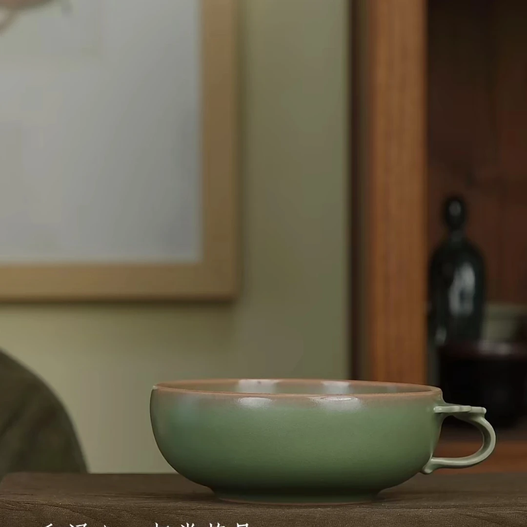豆青侧耳杯龙泉青瓷纯手工茶杯中式陶瓷主人杯高端礼品茶具