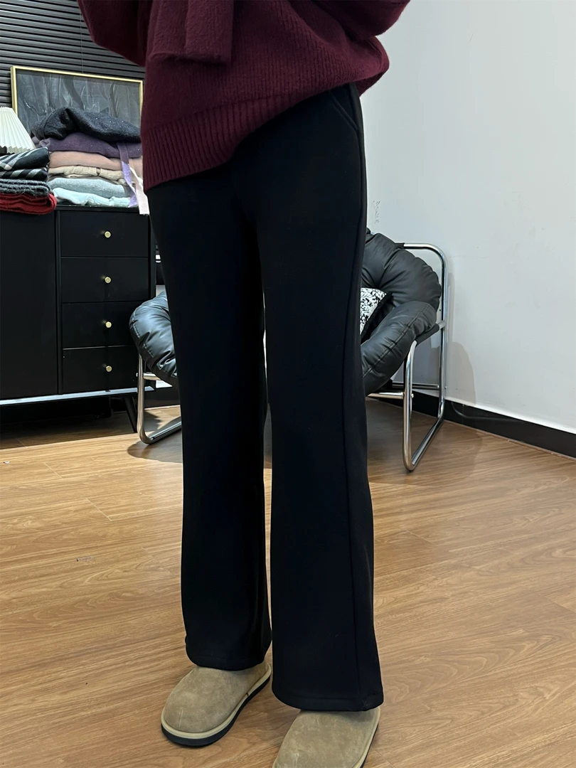 【Si&华严选】百搭简约加绒毛呢微喇裤松紧高腰显瘦加厚休闲裤6182