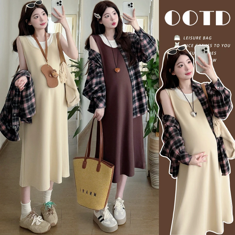 实拍 9422现货 孕妇装春夏季格子衬衣假两件吊带连衣裙两件套装