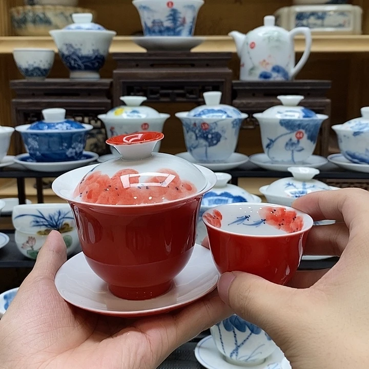 手绘龙船花➕同款杯子盖碗釉下彩高温瓷微瑕福利款