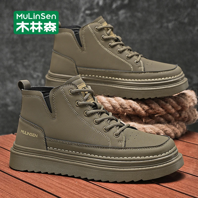 木林森高帮鞋男款鞋子男潮鞋秋季休闲运动中帮皮鞋复古工装马丁靴