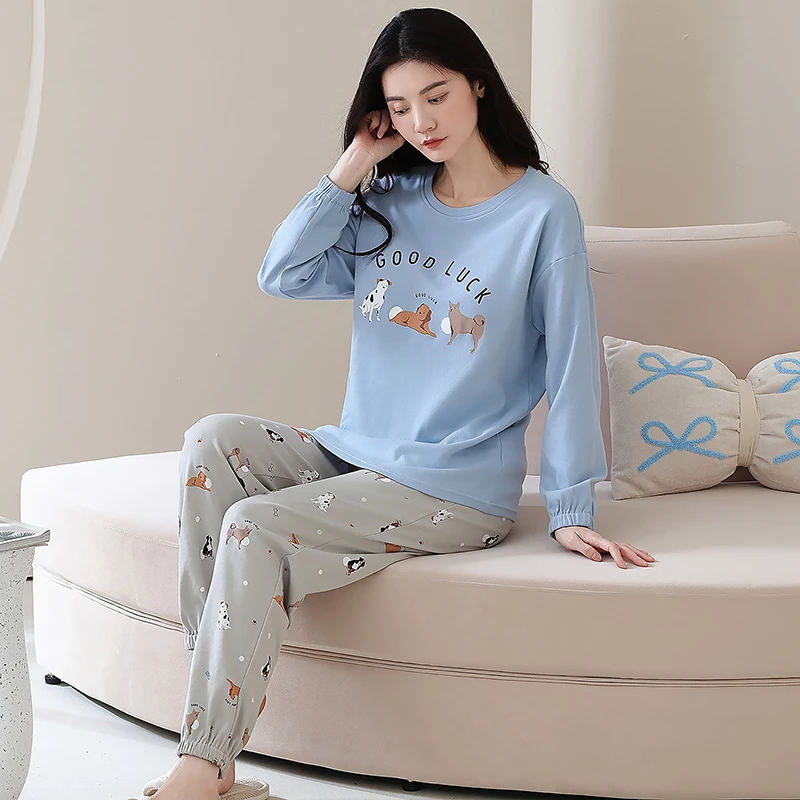 100%纯棉加厚睡衣女春秋季外穿大码休闲舒适韩版全棉家居服秋冬季