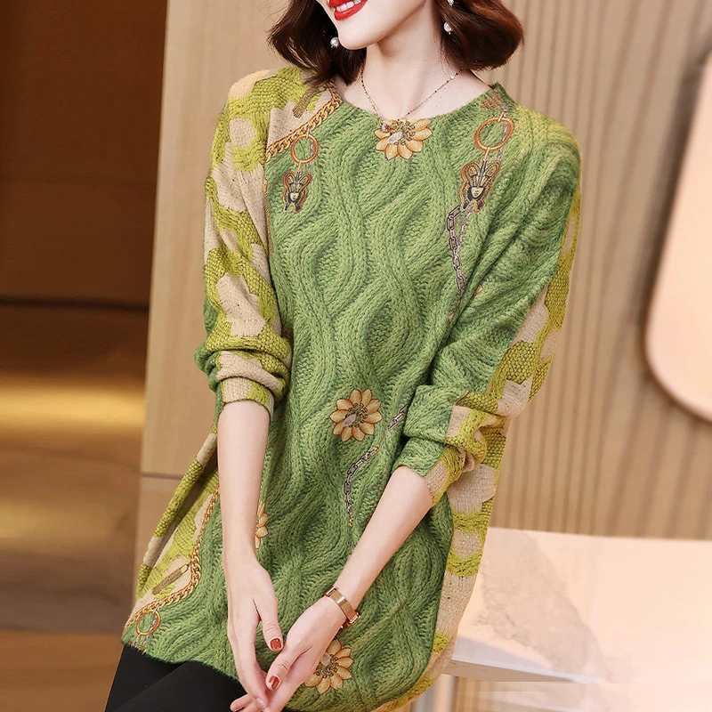 洋气麻花印花毛衣女秋冬新款时髦大码显瘦减龄宽松气质针织衫复古