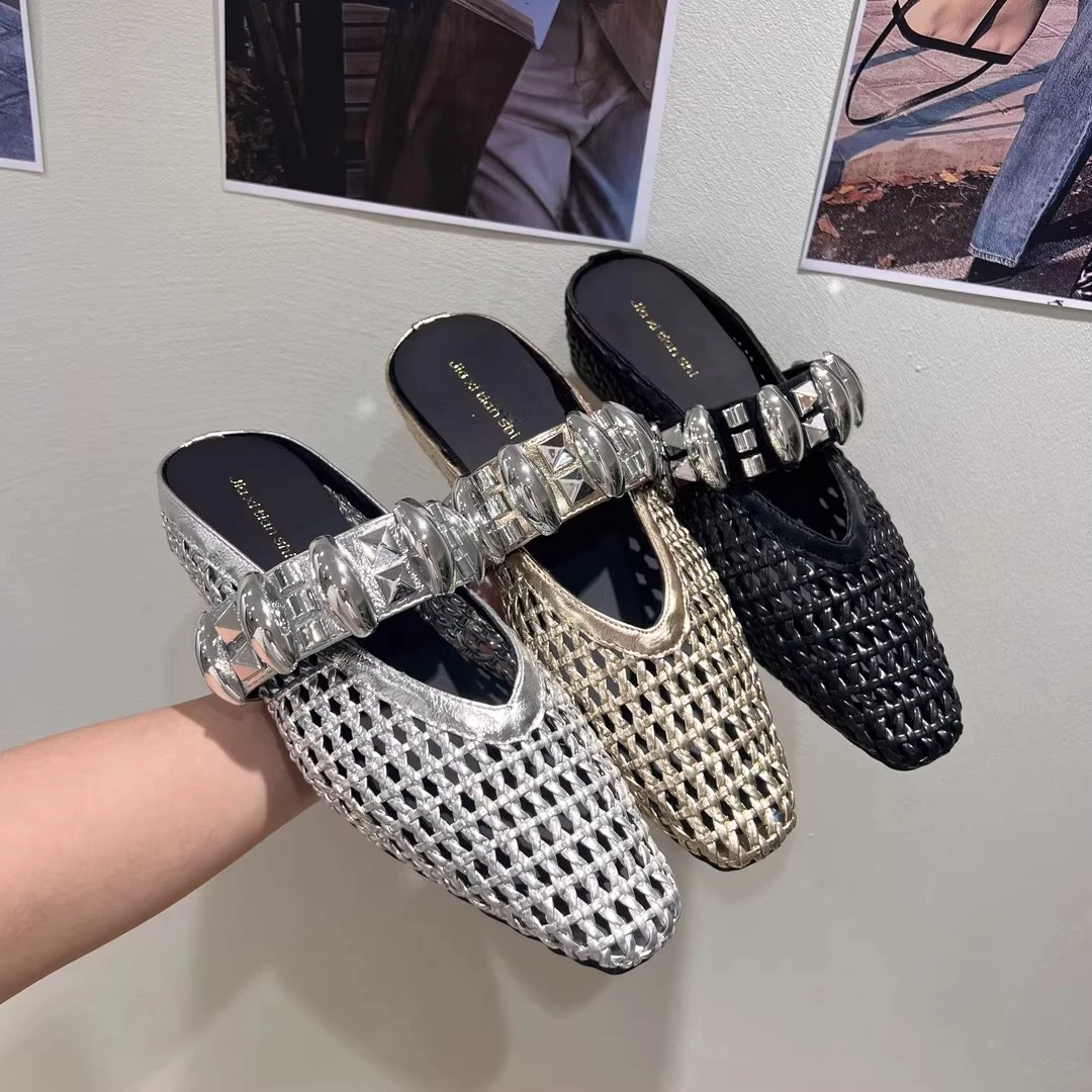 编织镂空包头半拖鞋子女夏季2025新款晚晚小香风增高一脚蹬凉拖鞋