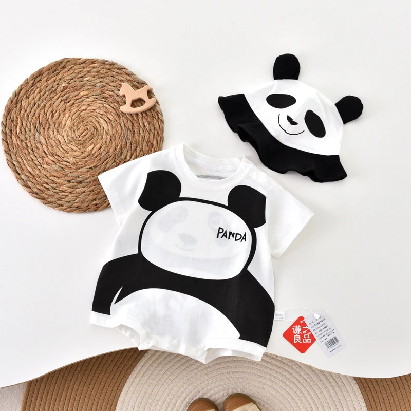婴儿卡通三角包屁哈衣薄款夏季男女宝宝熊猫连体衣超萌外出服套装