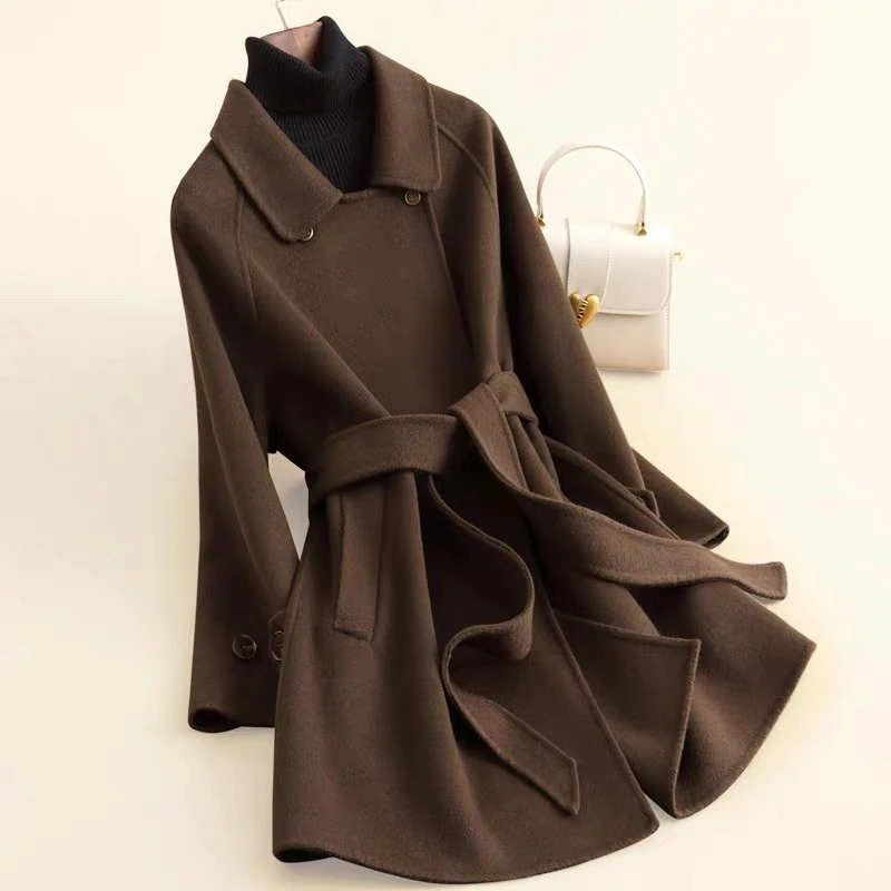 新款2025双面手工大衣中长款宽松遮肉修身显瘦百搭秋冬装毛呢外套