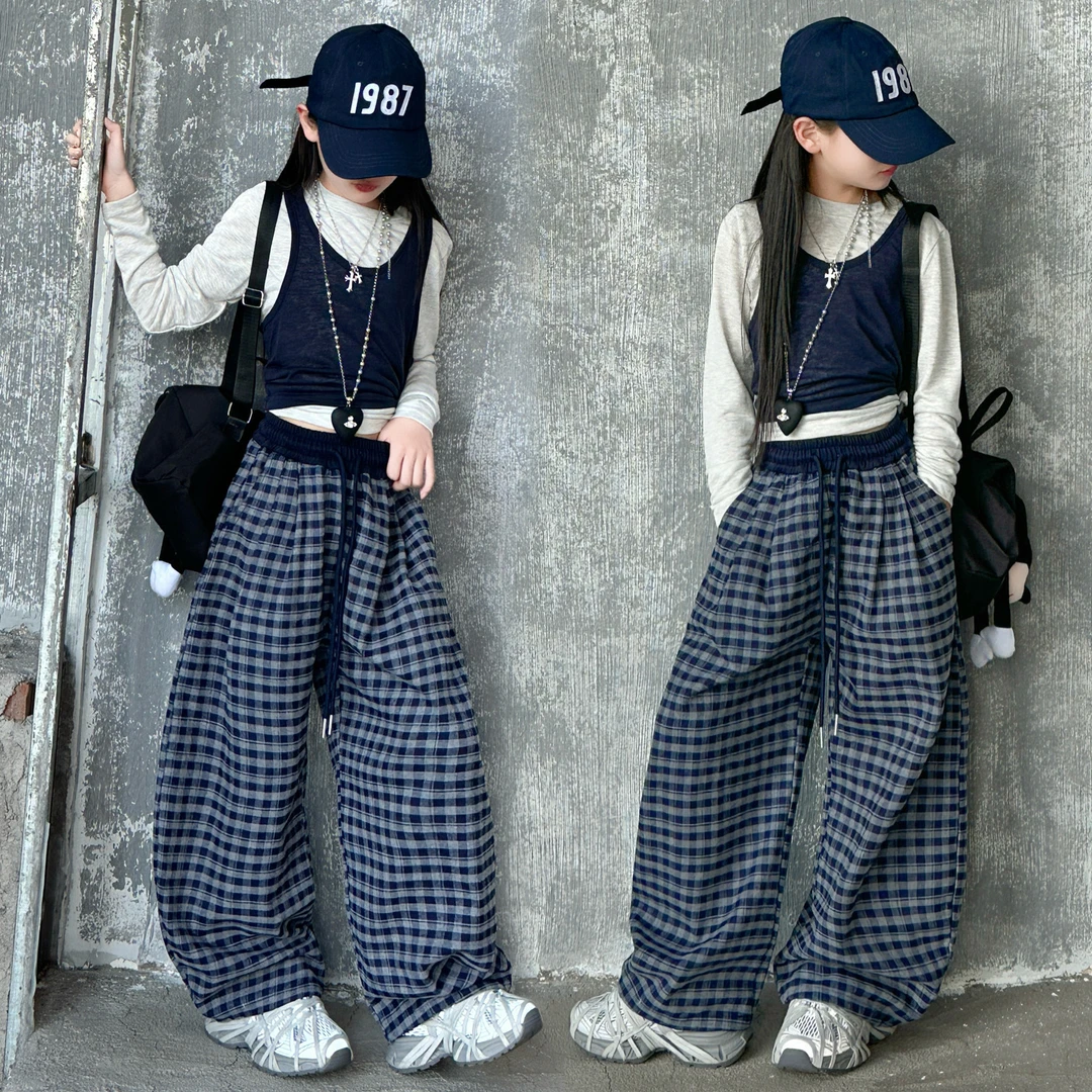 女童春秋款套装2025新款网红时髦打底衫大童格子阔腿裤韩系弯刀裤