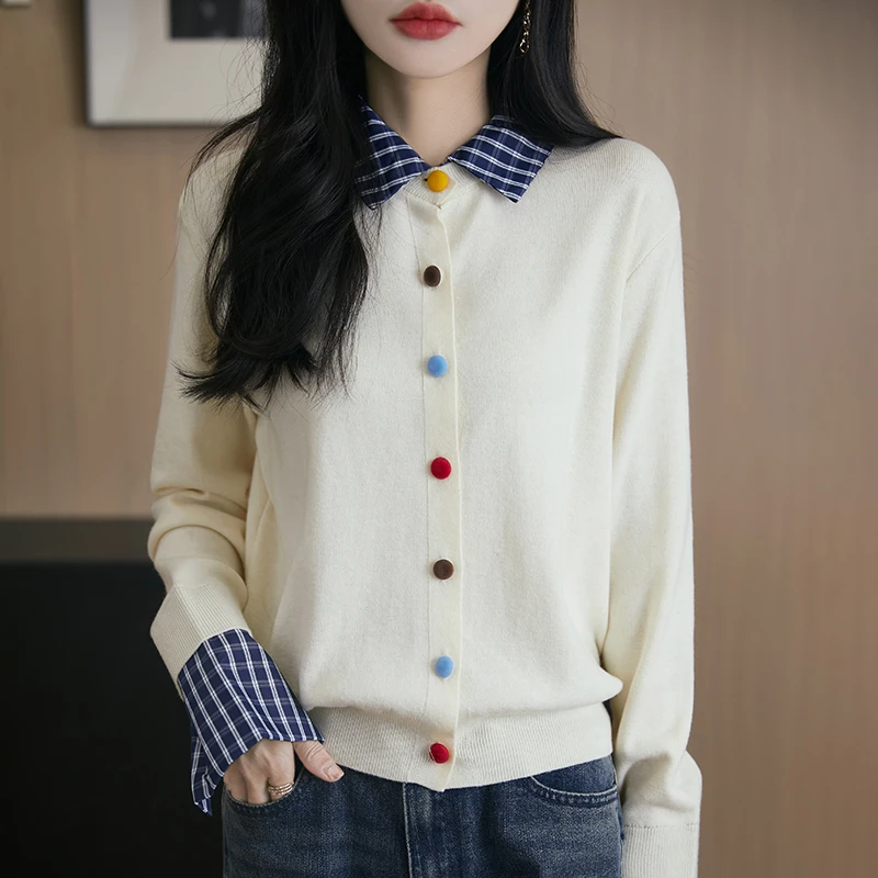 2025春季新减龄撞色翻领针织开衫女韩版系格子慵懒风百搭宽松衬衣