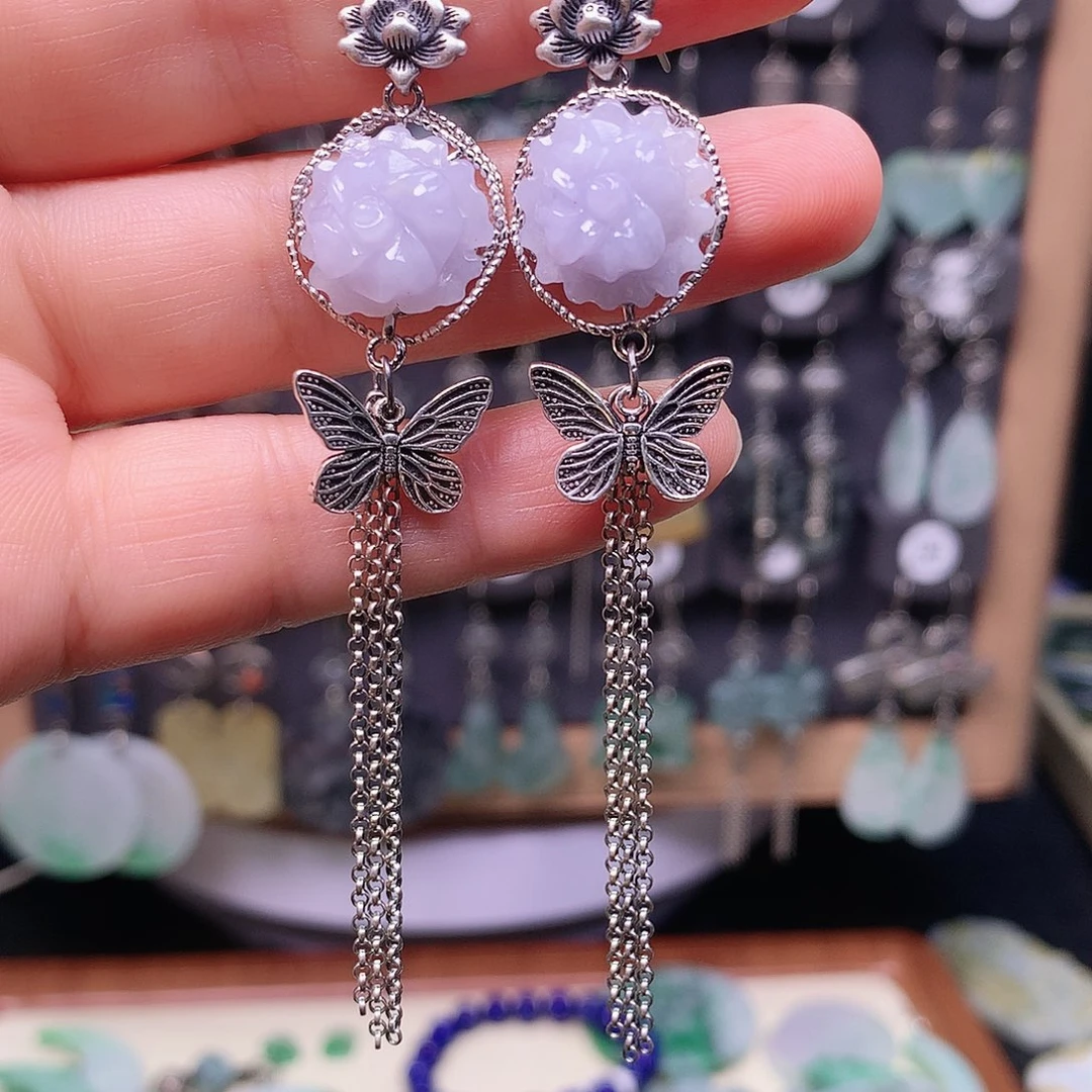 丽***川翡翠银S925镶嵌耳饰