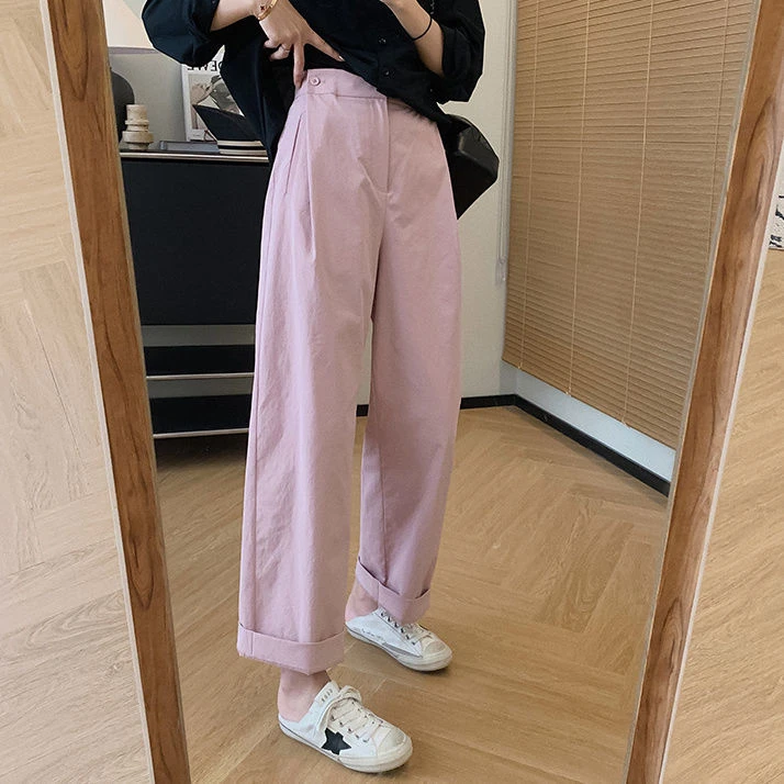 超态棉微折纸工装休闲裤子女春季新款日系宽松显瘦高腰百搭直筒裤