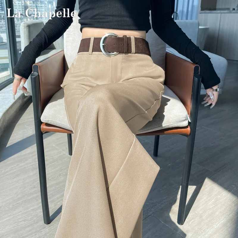 拉夏贝尔卡其色西装阔腿裤女春秋新款高级感垂感小个子窄版直筒裤