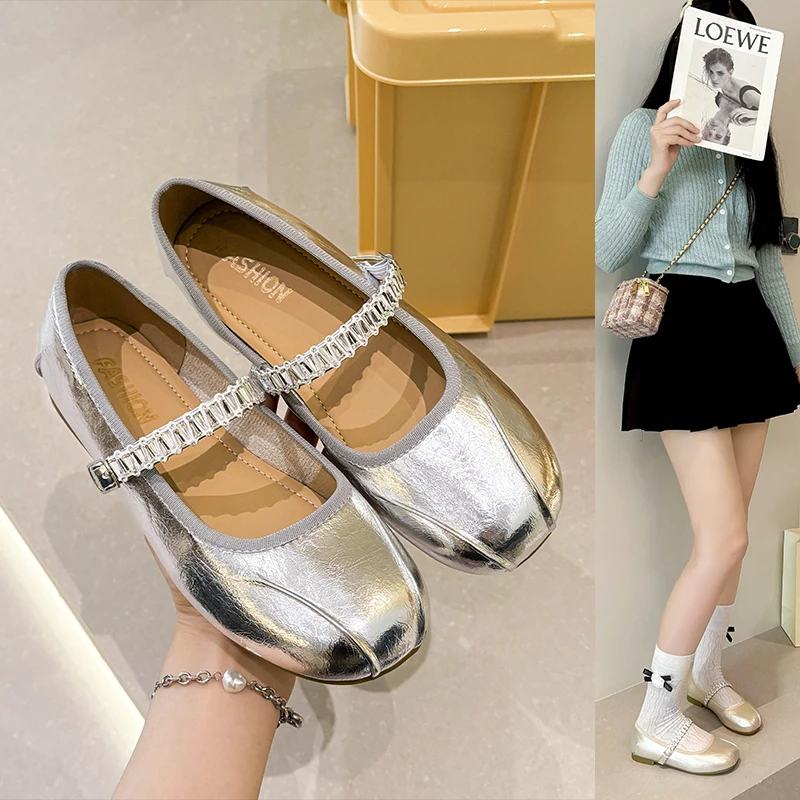 褶皱水钻平底单鞋女2025年新款法式芭蕾舞软底豆豆鞋玛丽珍单鞋