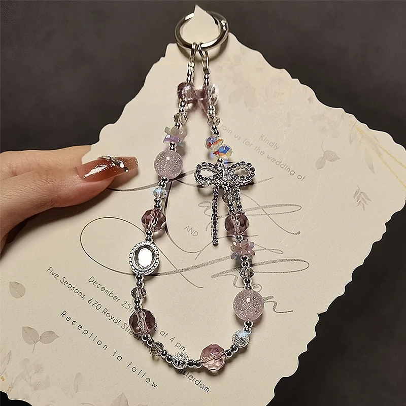 轻奢原创水晶手机挂链满钻蝴蝶结流苏手机挂绳短款手腕手提链挂件