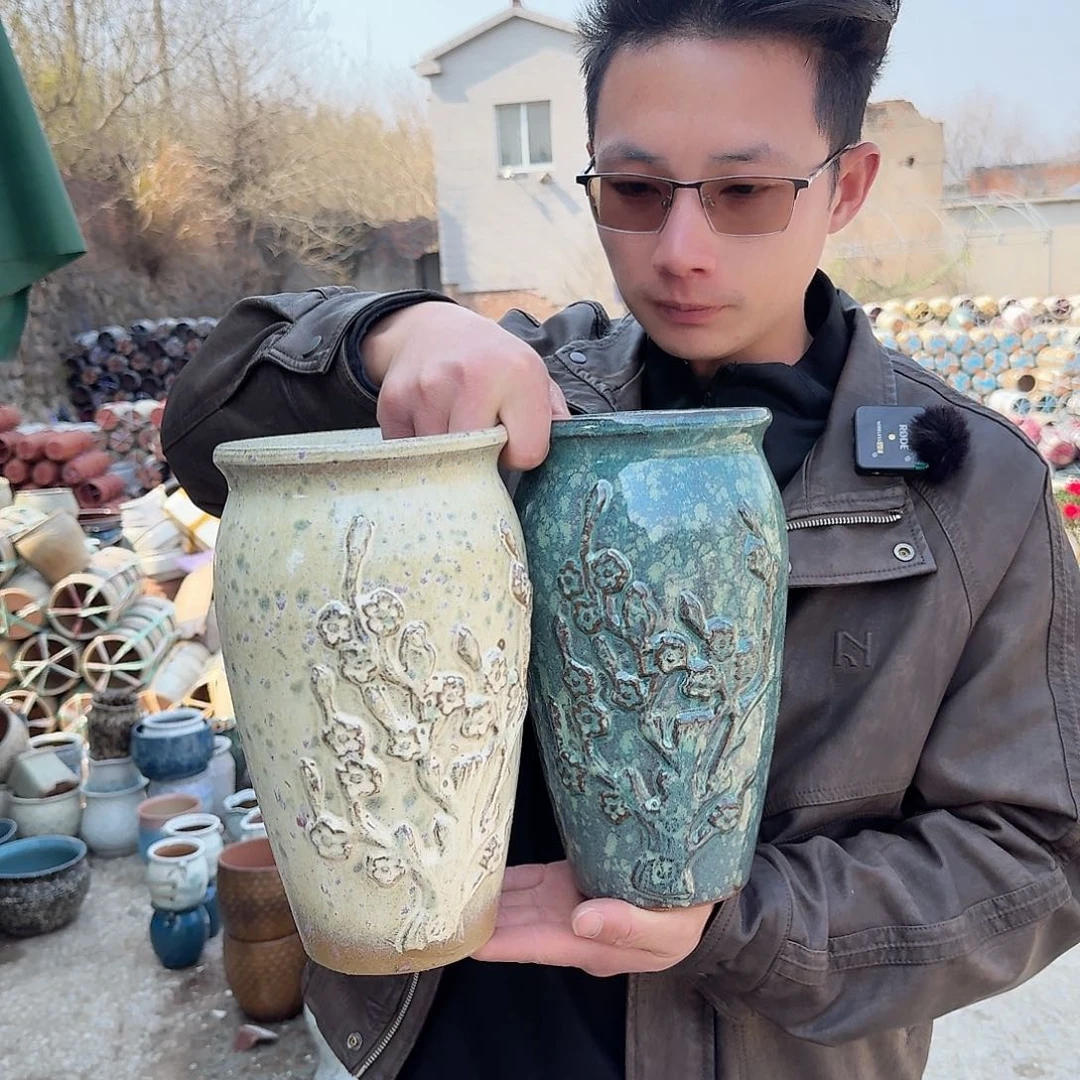 紫砂花盆口14.5高26两个喜上眉梢