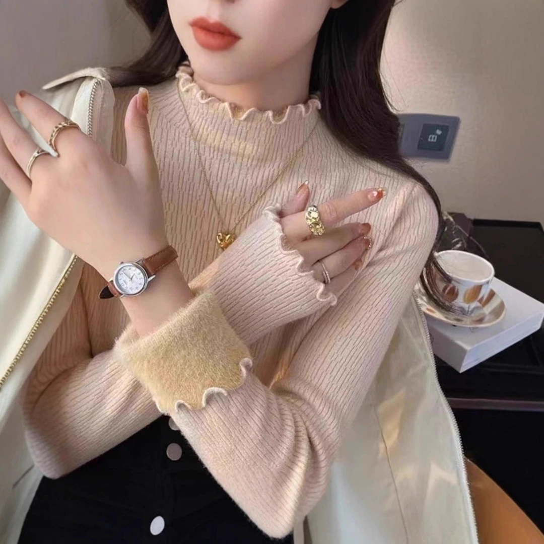 秋冬加绒毛衣女加厚内搭半高领一体加绒打底衫套头洋气百搭针织保