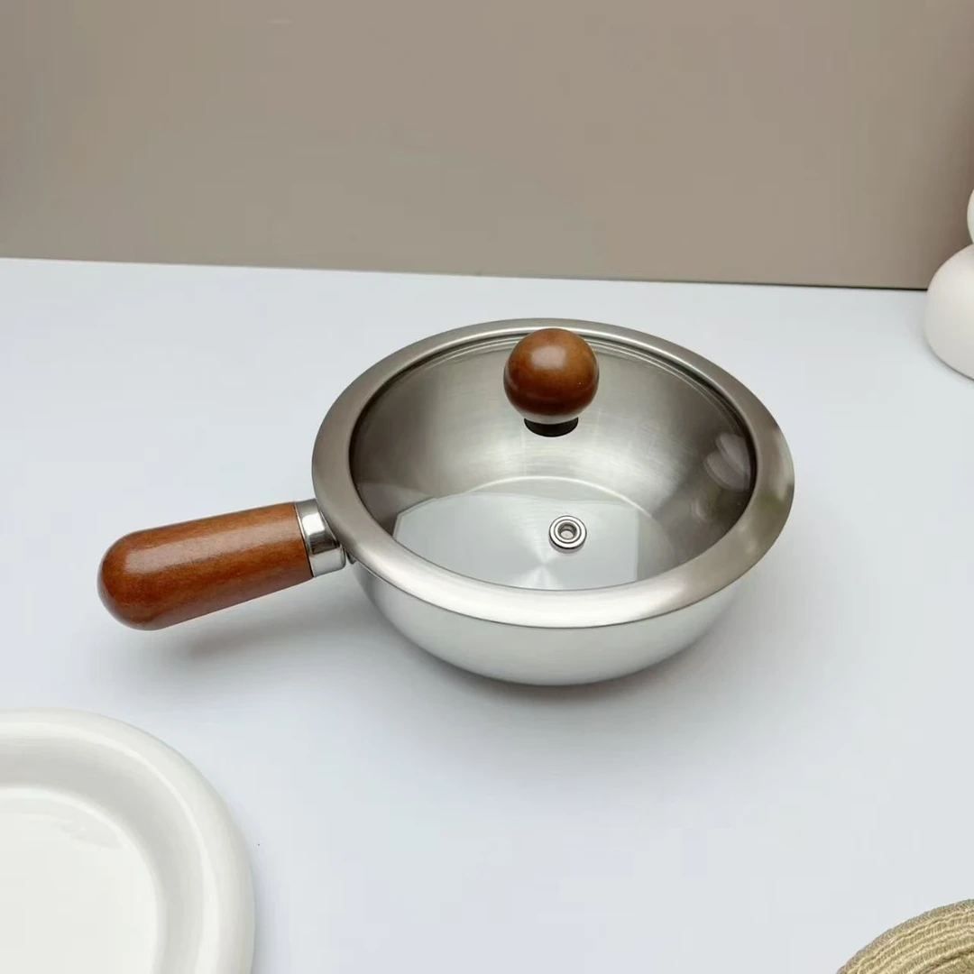 新疆西藏包邮多功能小锅不锈钢奶锅【带盖】辅食锅胡桃木柄泡沫碗