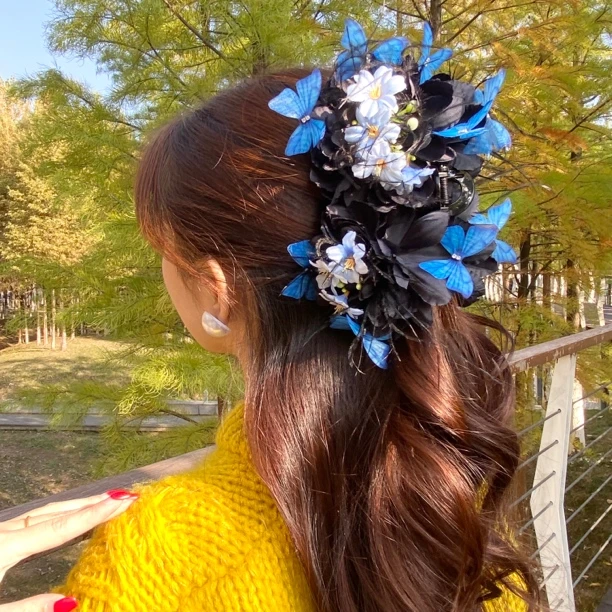 立体花朵薄纱蝴蝶羽毛抓夹法式少女风后脑勺盘发发饰轻奢发卡女