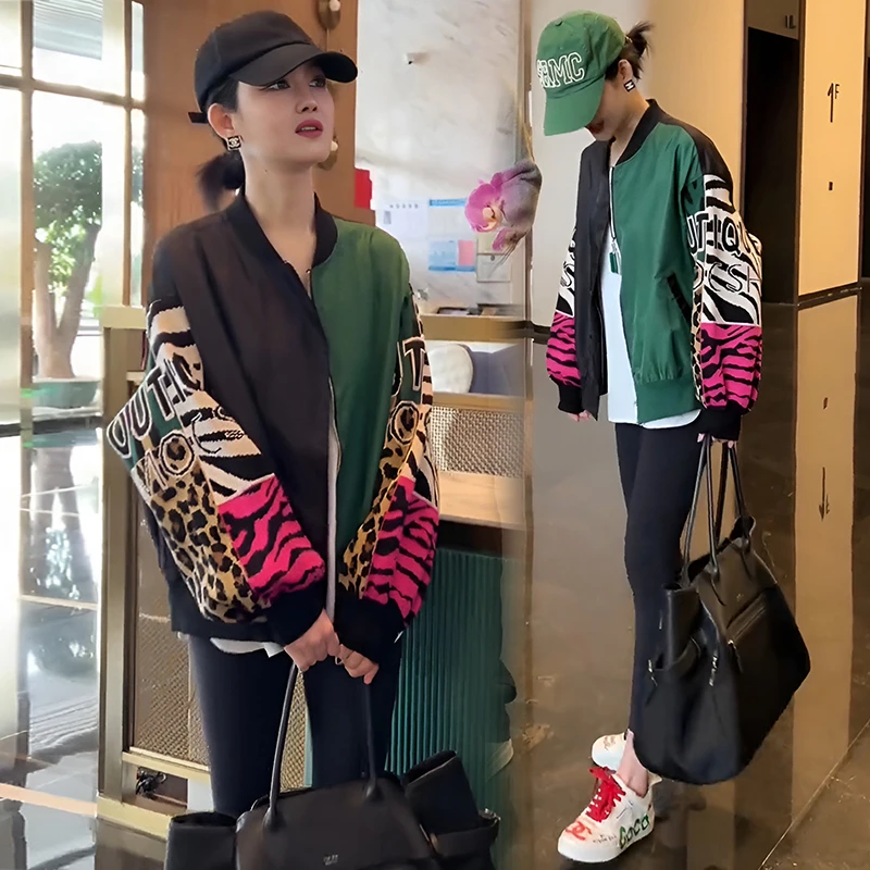 2025年春秋新款拼色拉链夹克女欧洲站长袖宽松韩式女款保暖棒球服