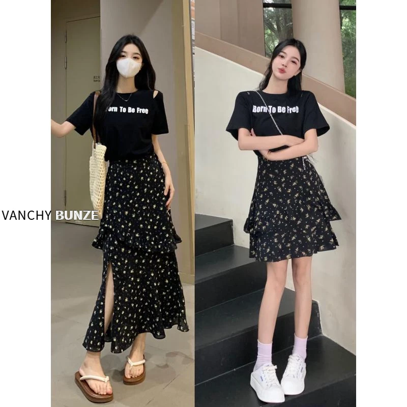 BUNZE 大码胖mm夏季甜美短袖连衣裙假两件设计感裙子正肩短裙气质