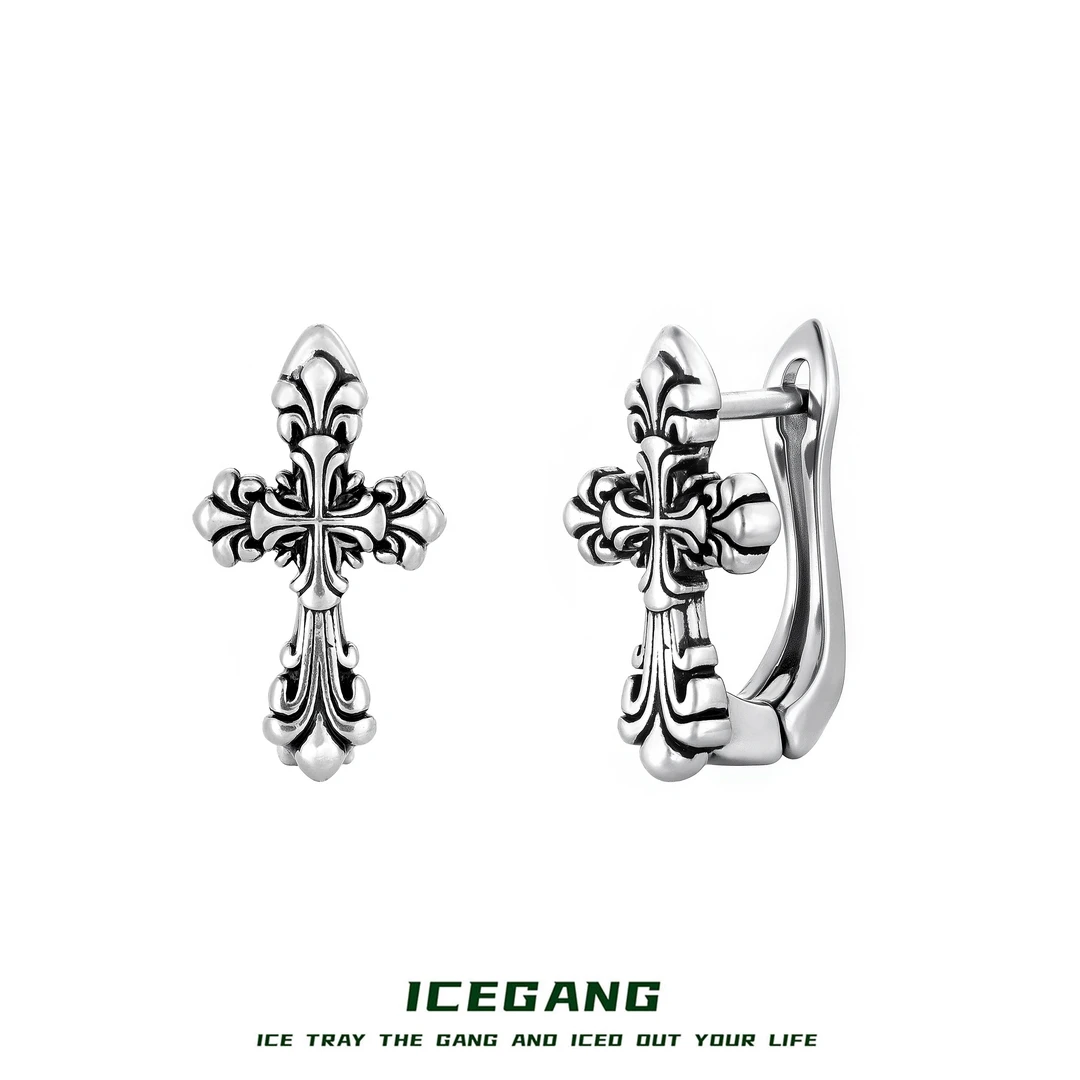 ICEGANG 钛钢合成锆石耳饰 316L钛钢系列复古vintage十字架耳扣