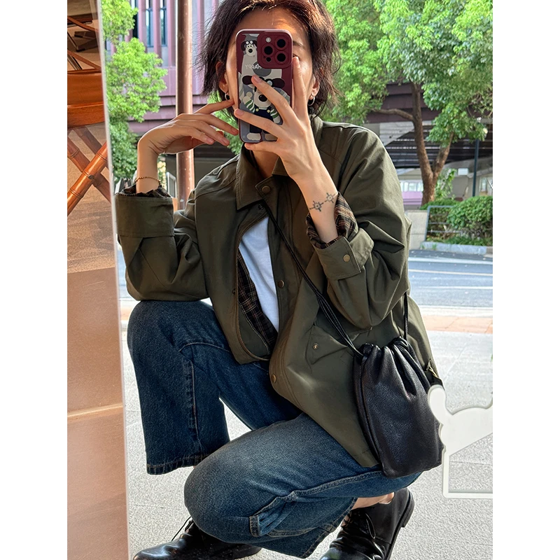 LANGQING 复古工装美式短款翻领军绿色外套42418#