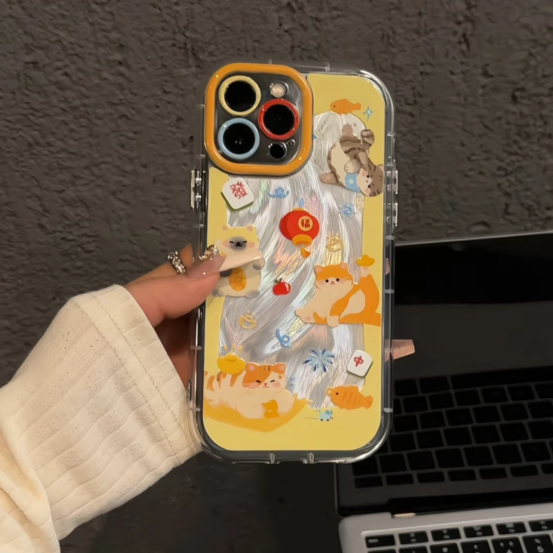 适用苹果16羽纱奶油手机壳iPhone15小众华为创意涂鸦招财猫咪mate