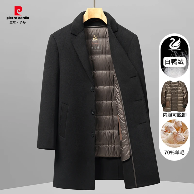 皮尔卡丹羊毛大衣中长款男士高端休闲羊毛西装领外套冬季羊毛外套