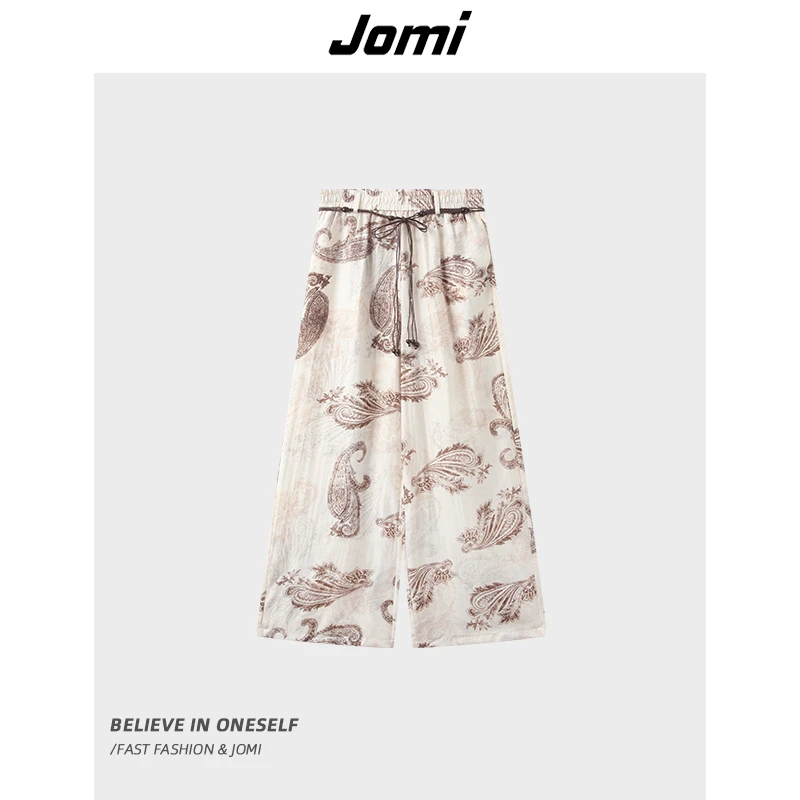 JOMI复古夏季薄款阔腿裤女系带慵懒度假风垂感休闲裤