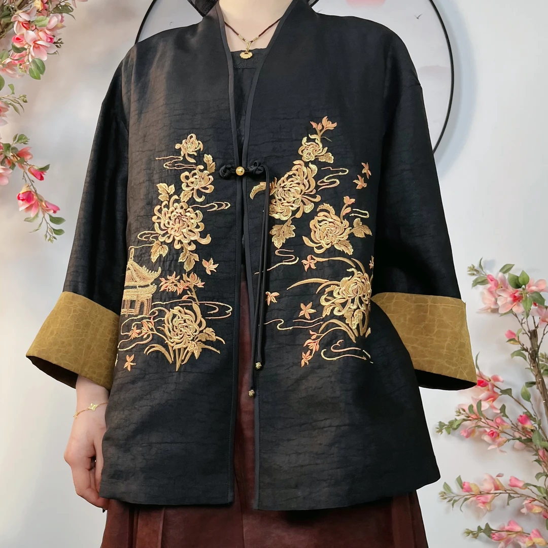 六米新中式国风定位绣花龟裂纹香云纱中式减龄V领长袖外套016