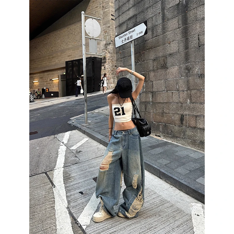 TWOMILLION破洞牛仔裤水洗做旧宽松阔腿裤低腰长裤/毛织抹胸背心